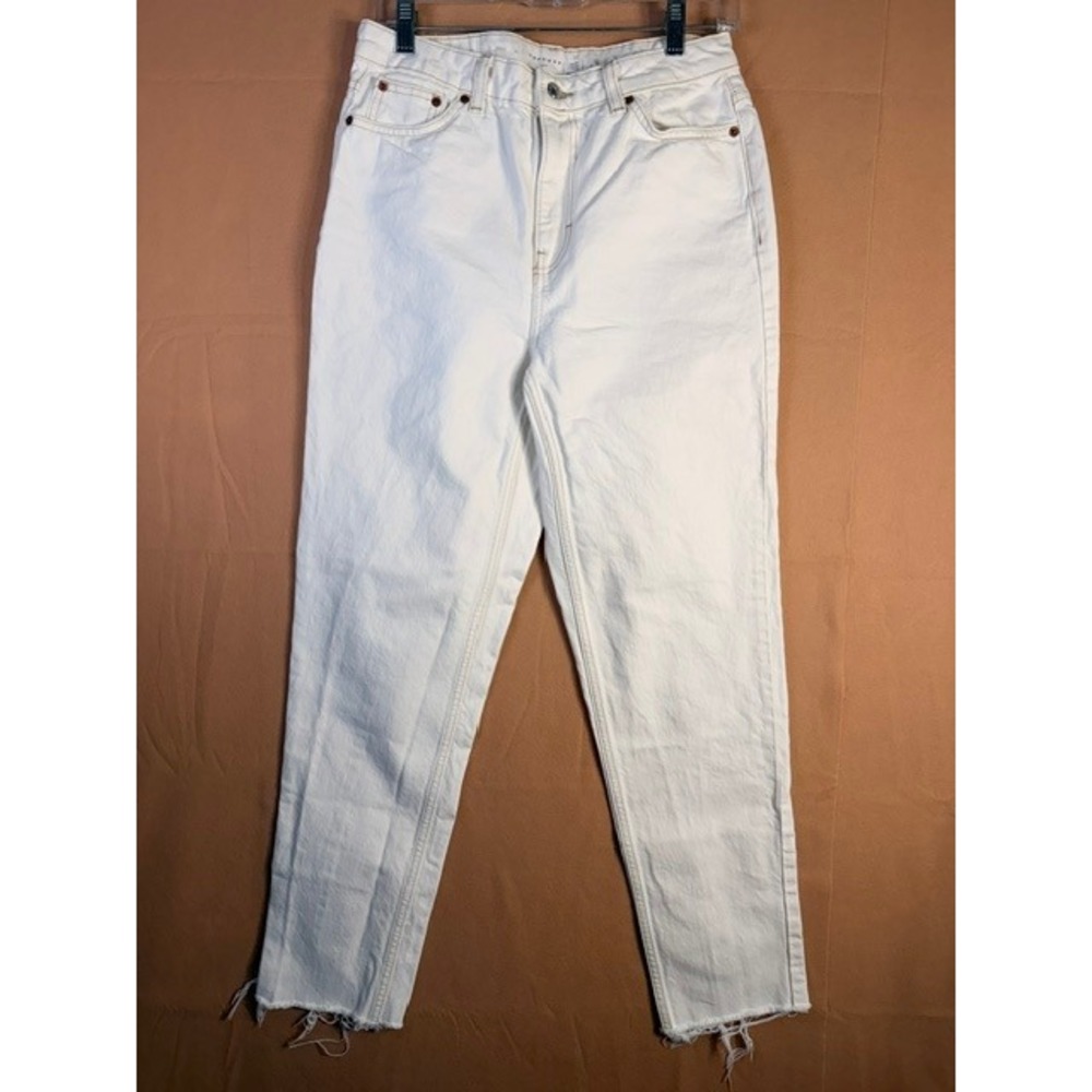 Topshop Mom Jeans Tall W30 L36 White/Cream High Rise Raw Hem 100% Cotton